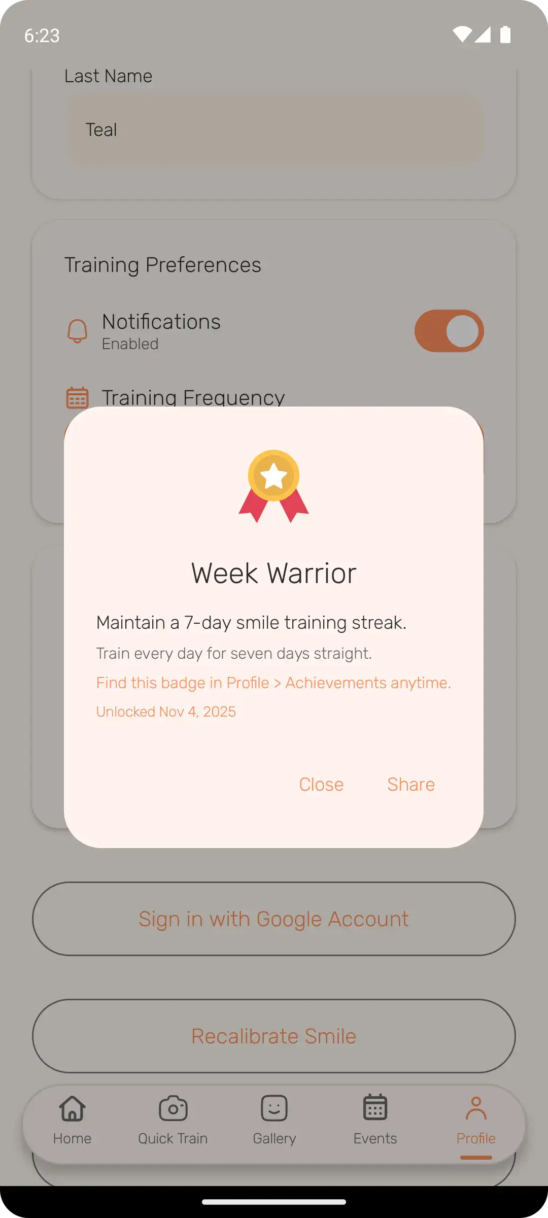 Achievements and progress tracking screen