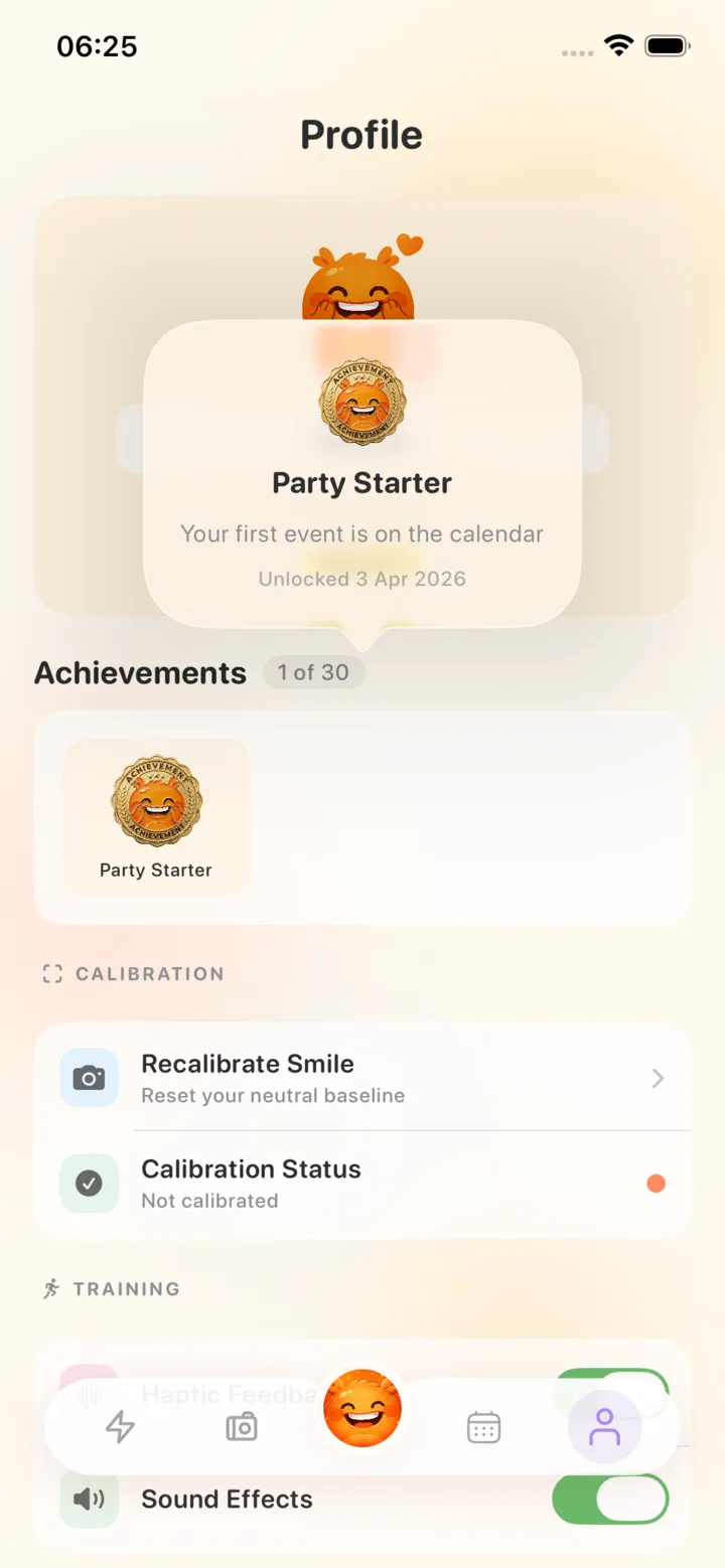 Duchenne app profile screen with an unlocked Party Starter achievement
