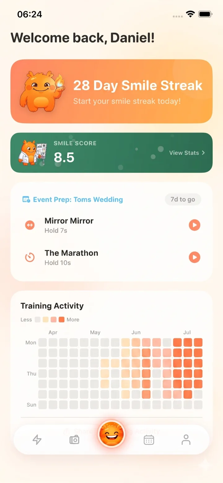 Duchenne app home screen showing smile score, streak card and training activity heatmap