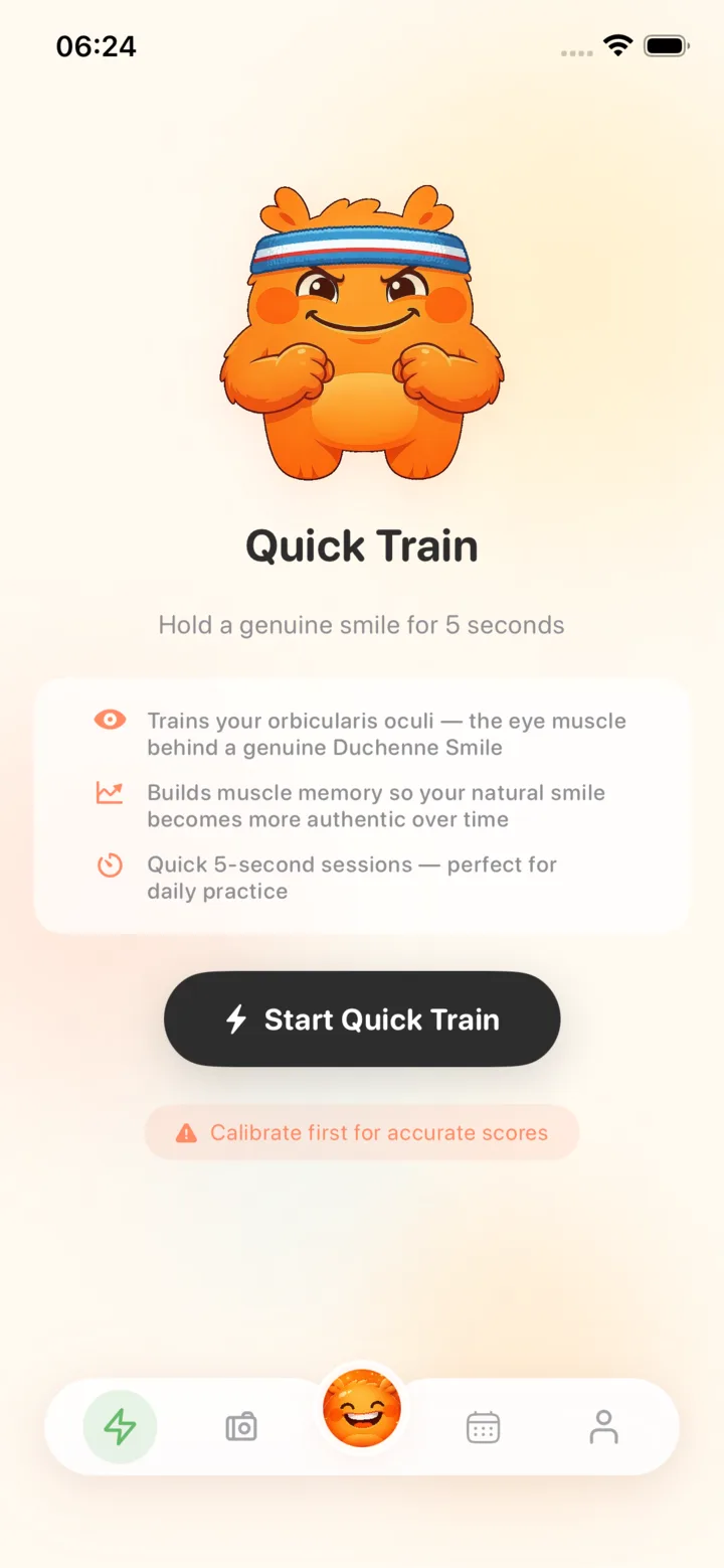 Duchenne app Quick Train screen with the mascot wearing a training headband