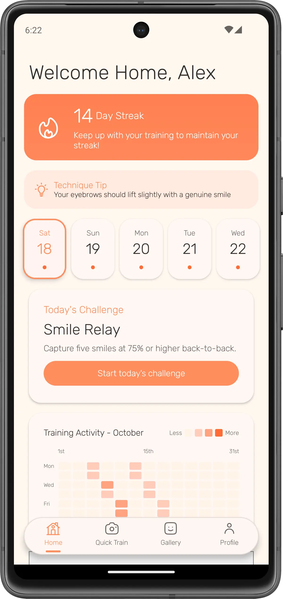 Duchenne smile training app interface showing AI-powered real-time smile analysis and feedback on Android smartphone